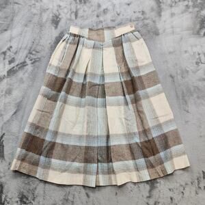 Vintage 70s Catch Me Skirt Women 7 W25 Gray Cream Blue Plaid Pleated Side Button
